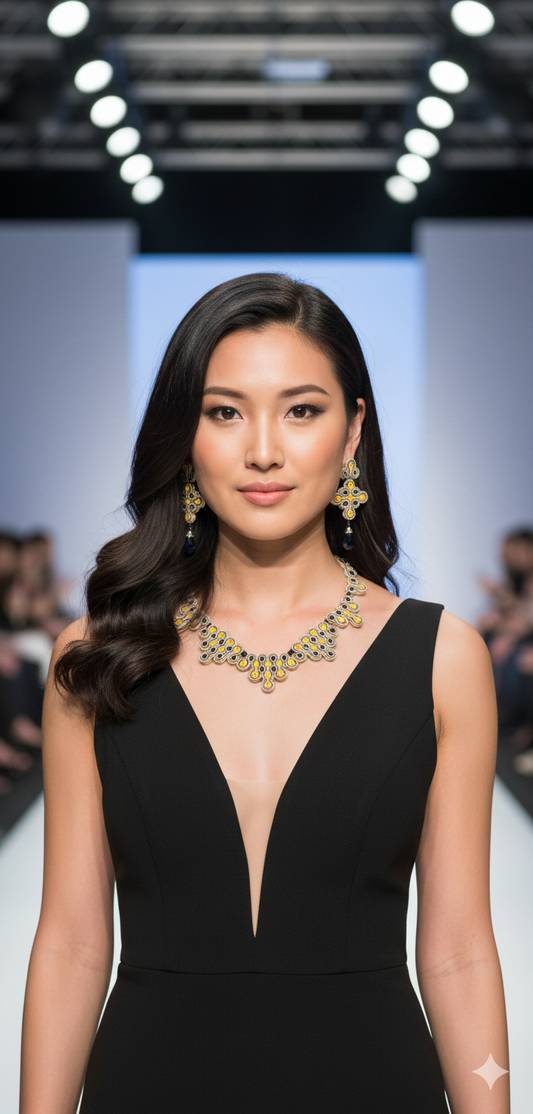 Collana - PHARAON ECLISSE unisce la profondità mistica dell’onice al calore radioso dell’agata gialla, intrecciati in un ricamo soutache ispirato ai tesori faraonici. Le sue linee sinuose brillano come un’eclisse dorata nel deserto,