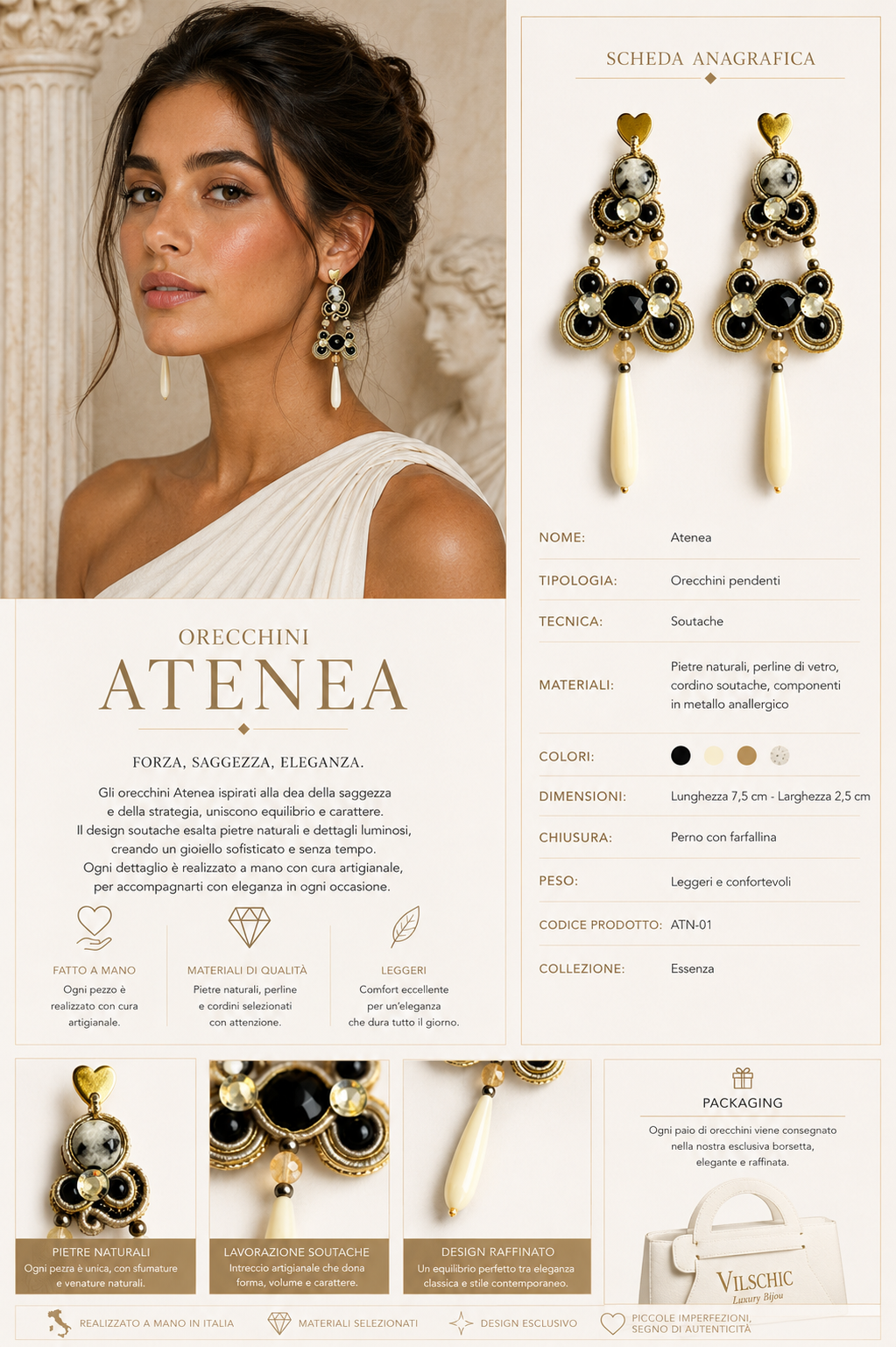Orecchini Soutache Atenea Nero e Oro | Gioielli Artigianali Vilschic