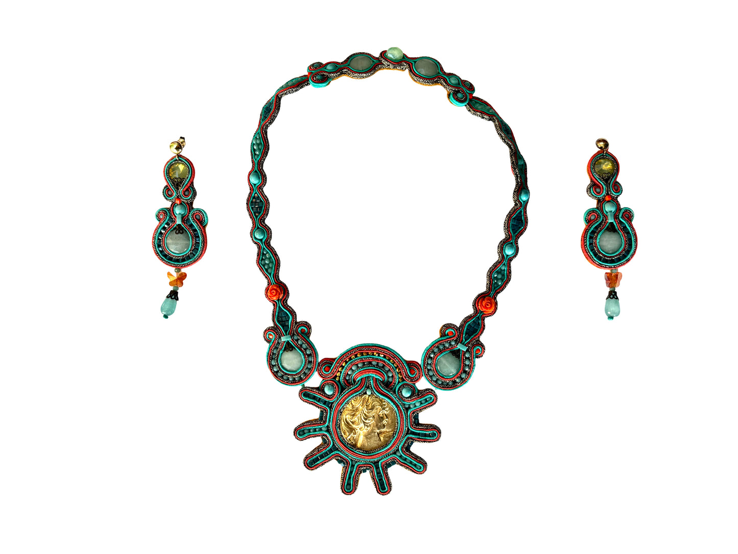 Collana - Helios – Collier con cameo vintage, turchese e acquamarina